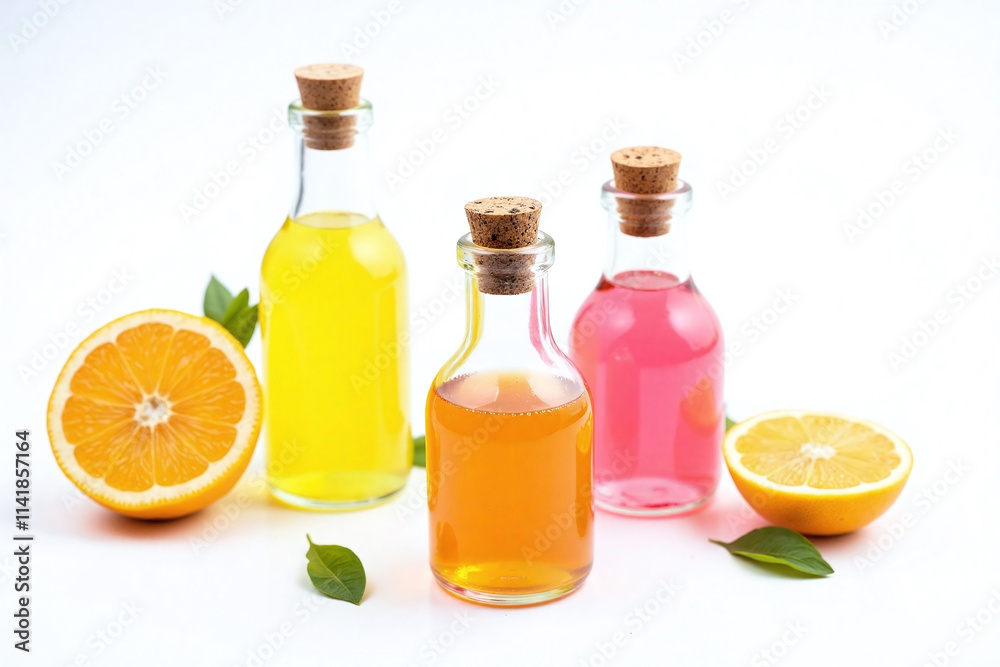 Citrus fruits and liquids on clean white background Citrus fruits and liquids on clean white background