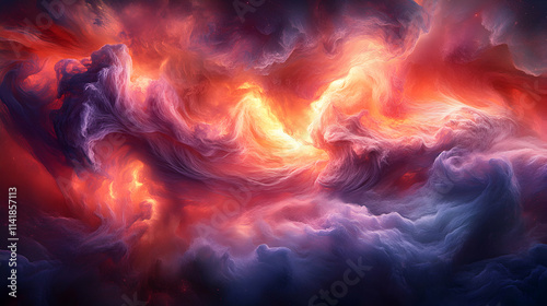 Fiery Nebula, Cosmic Clouds Swirl and Dance in Vivid Hues, Illuminated by Celestial Energy, Creating a Breathtaking Celestial Tapestry.