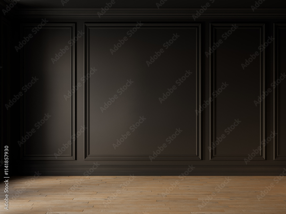 Classic black empty interior with blank wall with moldings and wood floor. 3d render illustration mockup. Classic black empty interior with blank wall with moldings and wood floor. 3d render illustration mockup.