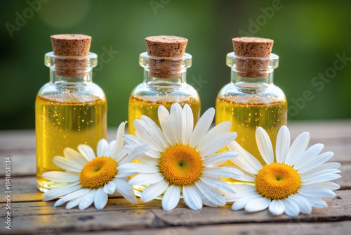 Glass bottles and daisies on wooden surface