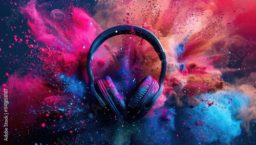 Pair of headphones are shown with colorful background that matches the colors on the headphones.