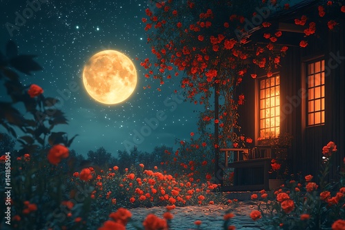 Wallpaper Mural Romantic night scene - Beautiful pink flower blossom in night skies with full moon. - Retro style artwork with vintage color tone. Torontodigital.ca