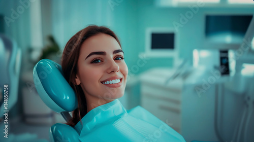 Beautiful young woman smiling and looking at camera while sitting in dental chair