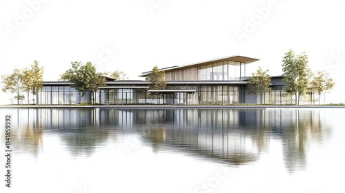 Modern lakeside school building with serene water reflections and trees