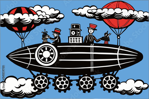 Vintage-Style Zeppelin with Balloons and Passengers Illustration