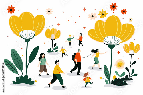 Whimsical Illustration of People Enjoying a Walk in a Floral Wonderland