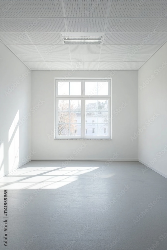 An empty office room, white walls with one window, bright light from the window, minimalist style An empty office room, white walls with one window, bright light from the window, minimalist style