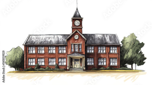 vintage school building with red brick and clock tower, exuding charm