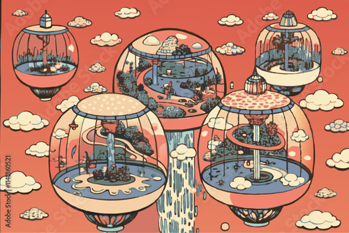Surreal Floating Spheres Landscape with Waterfalls and Clouds