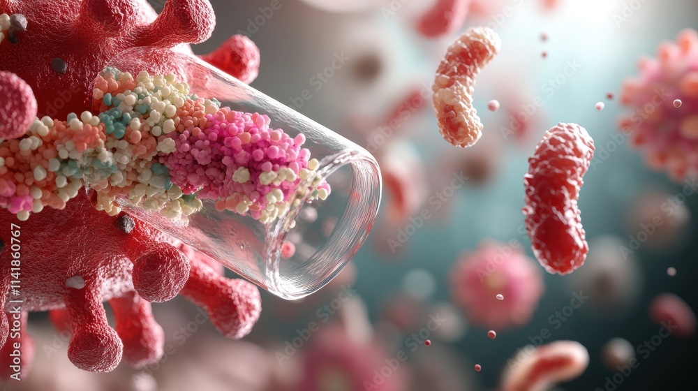 A vibrant depiction of viruses and bacteria emerging from a laboratory glass, highlighting microscopic life and scientific exploration. A vibrant depiction of viruses and bacteria emerging from a laboratory glass, highlighting microscopic life and scientific exploration.
