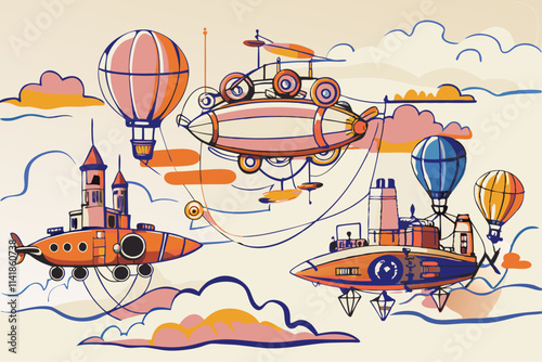 Vibrant Retro-Futuristic Airships and Hot Air Balloons Illustration