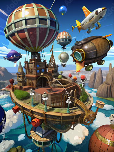 Fantastical Skyward City with Steampunk Airships and Whimsical Balloons