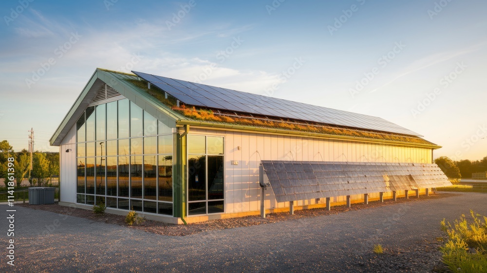 Sustainable Green Building with Solar Panels and Rooftop Garden Sustainable Green Building with Solar Panels and Rooftop Garden
