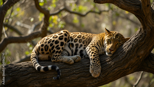 Leopard calmly lying on a tree against green foliage