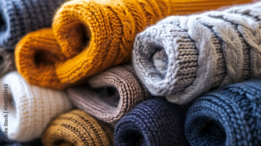 Stack of rolled colorful knit sweaters. Stack of rolled colorful knit sweaters.