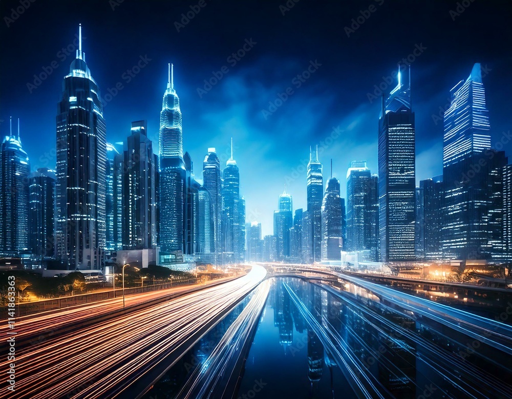 Fototapeta premium Modern city with city scape concept. Wireless network and Connection technology concept with city background at night. Nighttime view of a technologically advanced city.