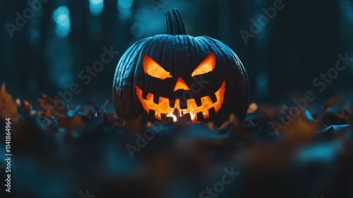 Glowing jack-o'-lantern in dark forest. (1) photo