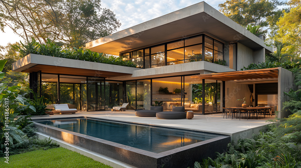 Photography of a modern architectural home with a flat roof, open-plan spaces visible through expansive glass walls, a lush garden wrapping around the property, and a chic pool area. Photography of a modern architectural home with a flat roof, open-plan spaces visible through expansive glass walls, a lush garden wrapping around the property, and a chic pool area.