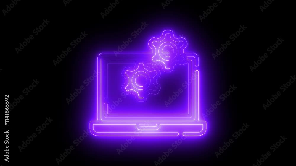 Laptop setting icon animation by purple color neon on black background. Laptop setting icon animation by purple color neon on black background.