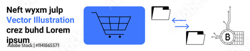 Shopping cart icon, folder images creating a flow towards a Bitcoin symbol. Ideal for e-commerce, cryptocurrency, online shopping, fintech, digital transactions, financial websites, blockchain