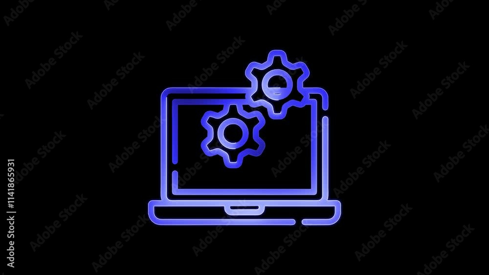 Laptop setting icon animation by blue color neon on black background. Laptop setting icon animation by blue color neon on black background.