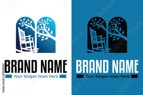 simple modern window with rocking chair and plant tree vector illustrator logo design