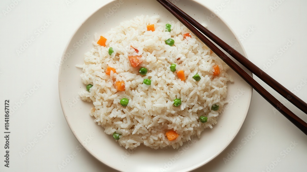 Deliciously Prepared Fried Rice with Colorful Vegetables on a White Plate Surrounded by Elegant Chopsticks for a Gourmet Dining Experience Deliciously Prepared Fried Rice with Colorful Vegetables on a White Plate Surrounded by Elegant Chopsticks for a Gourmet Dining Experience
