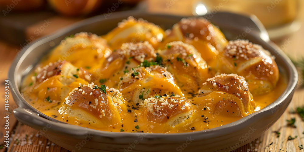 Pretzel bites covered with melted cheese in a gray pan. Pretzel bites covered with melted cheese in a gray pan.