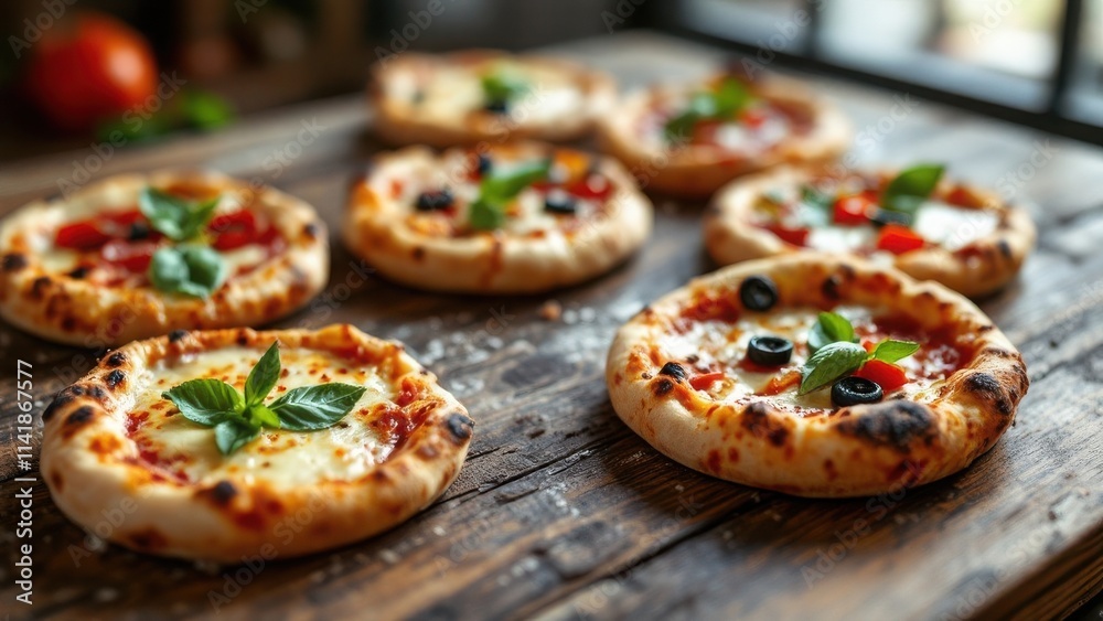 Delicious mini pizzas with golden-brown crust, melted cheese, fresh basil, and colorful toppings, arranged on a rustic wooden table, soft natural lighting, warm and cozy ambiance Delicious mini pizzas with golden-brown crust, melted cheese, fresh basil, and colorful toppings, arranged on a rustic wooden table, soft natural lighting, warm and cozy ambiance