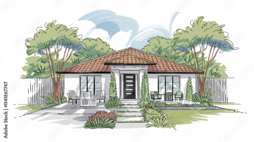 Fototapeta premium Modern Ranch Style House Architectural Sketch Design