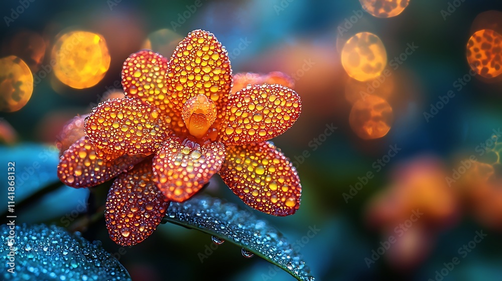 Dew Covered Orange Flower In Soft Focus Background Dew Covered Orange Flower In Soft Focus Background