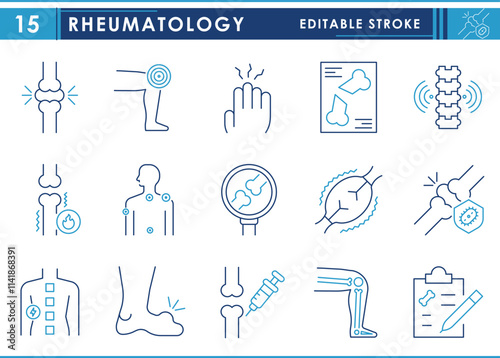 A set of line icons related to Rheumatology. Joint, knee, x-ray, Arthritis, Autoimmune, Gout, Inflammation, tendon, Fibromyalgia, and so on. Vector editable stroke.