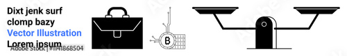 Business briefcase representing work, Bitcoin mining machinery symbolizing cryptocurrency, and balance scales indicating fairness and justice. Ideal for business, finance, legal, cryptocurrency