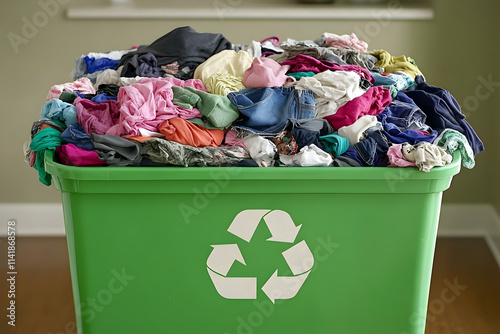 Overfilled green recycling bin with assorted clothing.