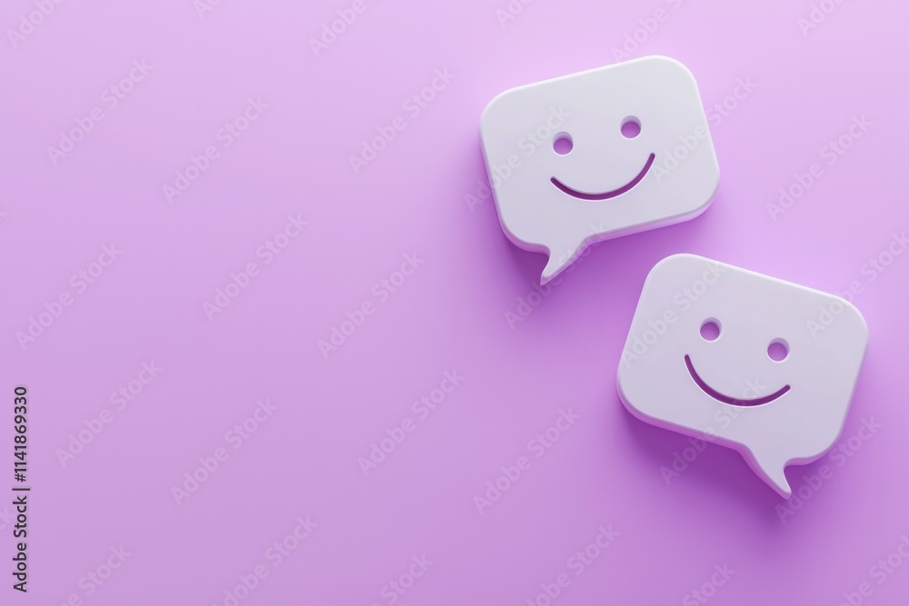 Two cute white speech bubbles with happy face emojis on a purple background Two cute white speech bubbles with happy face emojis on a purple background