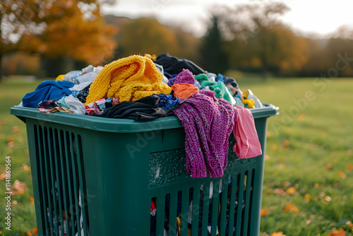 Overflowing laundry basket outdoors.