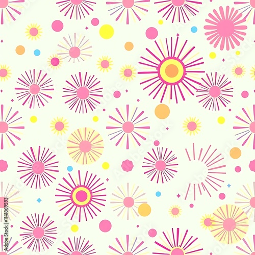 Pastel Burst: A cheerful and whimsical seamless pattern featuring a delicate blend of vibrant pastel pink, yellow, and blue hues. The pattern is composed of abstract sunburst shapes, dots.