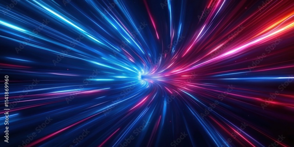 Fototapeta premium Dynamic luminous blue and red light tunnel abstract digital space visual art futuristic environment cosmic perspective