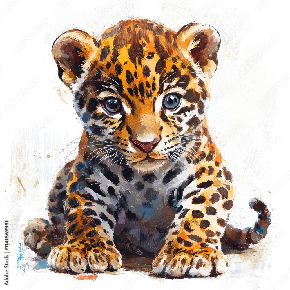 Oil painting of beautiful baby Jaguar impressionism style, accented brush strokes and paint blobs Oil painting of beautiful baby Jaguar impressionism style, accented brush strokes and paint blobs