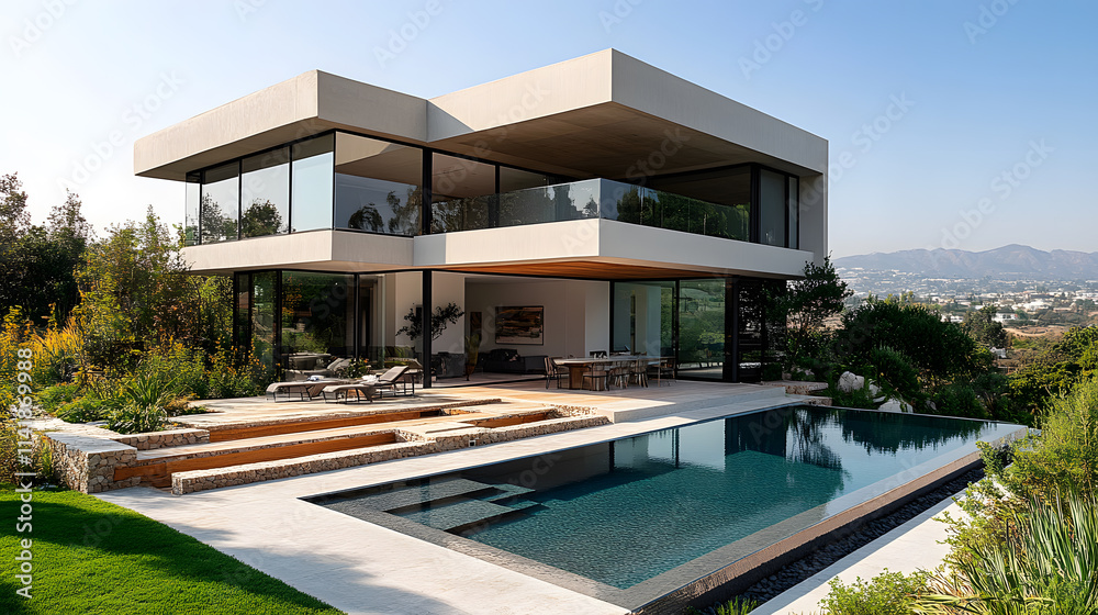 Obraz premium A striking photography of a two-story contemporary house featuring bold architectural angles, a terraced garden with natural stone elements, and a rectangular pool overlooking a scenic landscape.