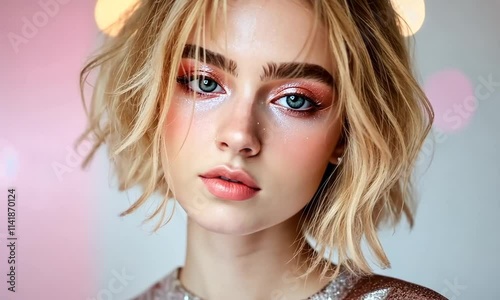 A young woman with stylish makeup and a sparkling top poses gracefully.