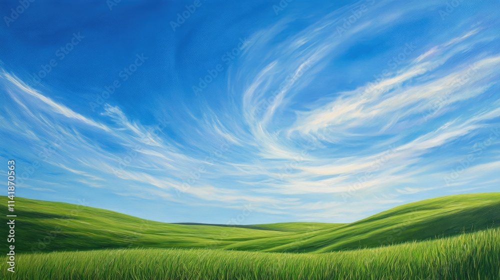 A bright and colorful landscape with green grass sloping downwards, set against a vivid blue sky with wispy clouds