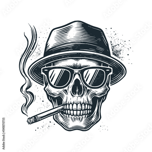 The skeleton smoking. No smoking. Black white vector illustration. 