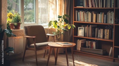A cozy indoor setup with a wooden table and chair placed near a bookshelf  bathed in warm natural light.
