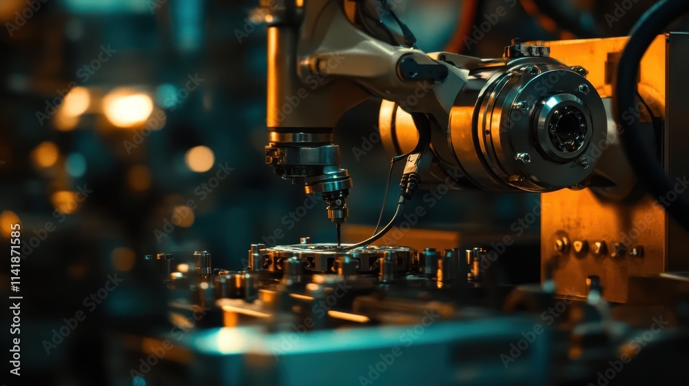 Fototapeta premium Robotic arm assembling components in a modern manufacturing facility during evening hours