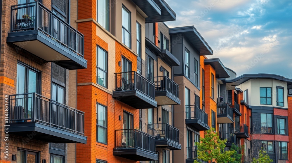Modern Apartment Complex with Balconies and Colorful Facades under a Cloudy Sky Modern Apartment Complex with Balconies and Colorful Facades under a Cloudy Sky