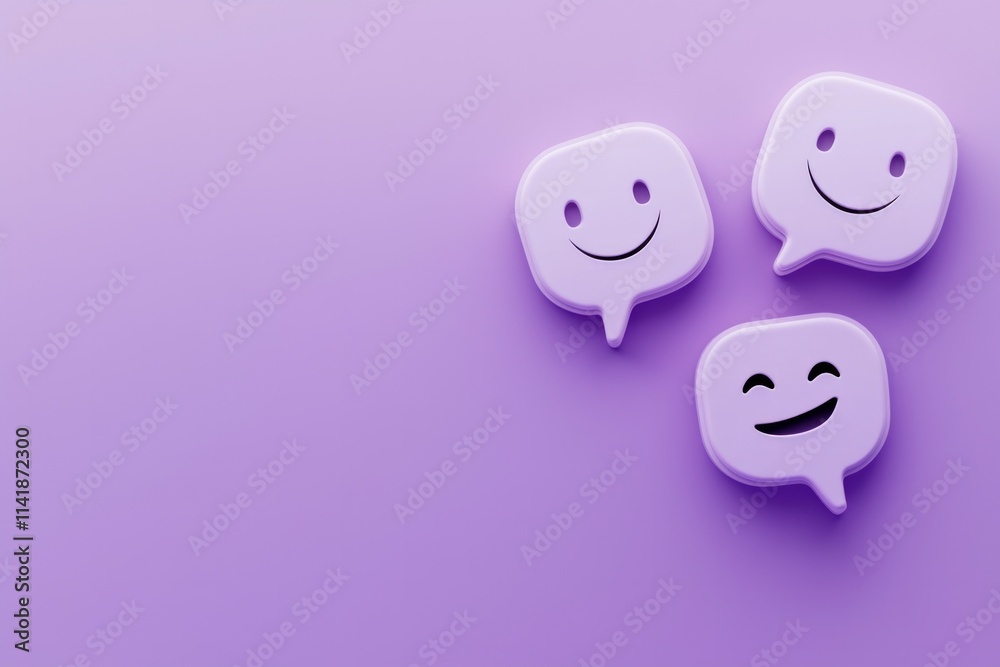 Two cute white speech bubbles with happy face emojis on a purple background Two cute white speech bubbles with happy face emojis on a purple background
