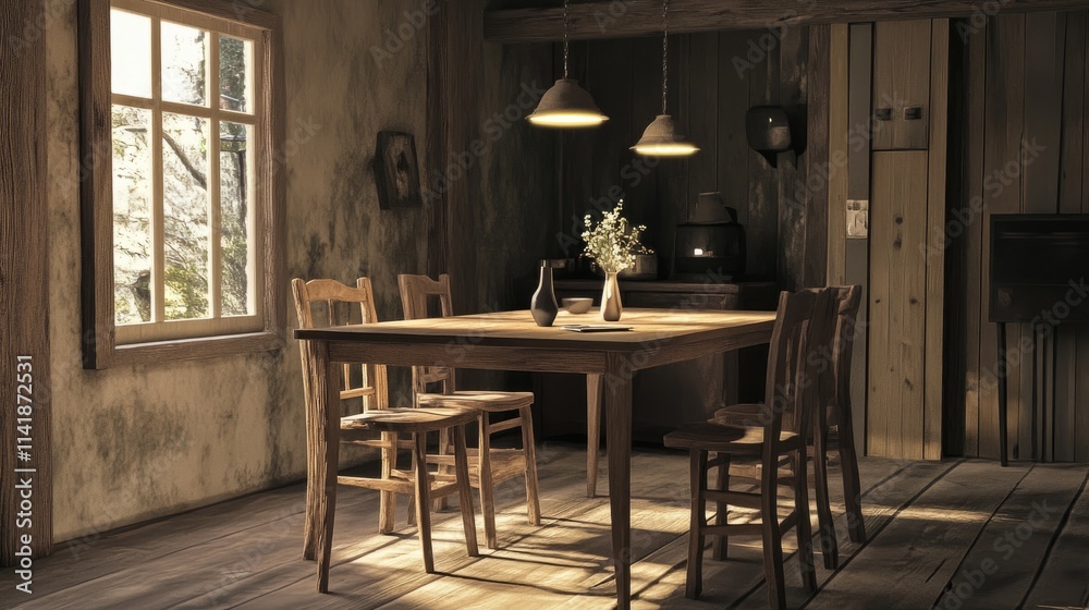 A rustic solid wood table and matching chairs, unadorned, placed in a cozy room with neutral decor and soft lighting. A rustic solid wood table and matching chairs, unadorned, placed in a cozy room with neutral decor and soft lighting.