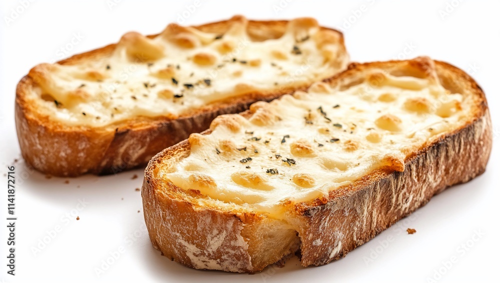 Two slices of toasted bread topped with melted cheese and herbs. Two slices of toasted bread topped with melted cheese and herbs.