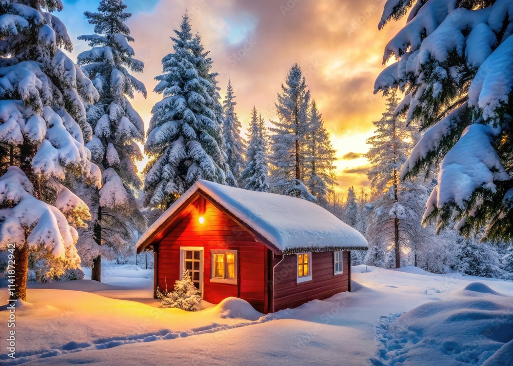 Snow-dusted landscape, a charming red cabin basks in winter's embrace. Snow-dusted landscape, a charming red cabin basks in winter's embrace.